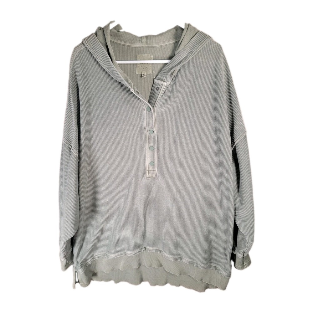 Aerie Waffle Knit Hoodie Sweatshirt Womens XXL Green Snap Henley Oversized Tunic